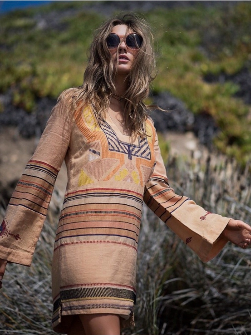 Free People Boho Long-Sleeve Embroidered Mini Dress